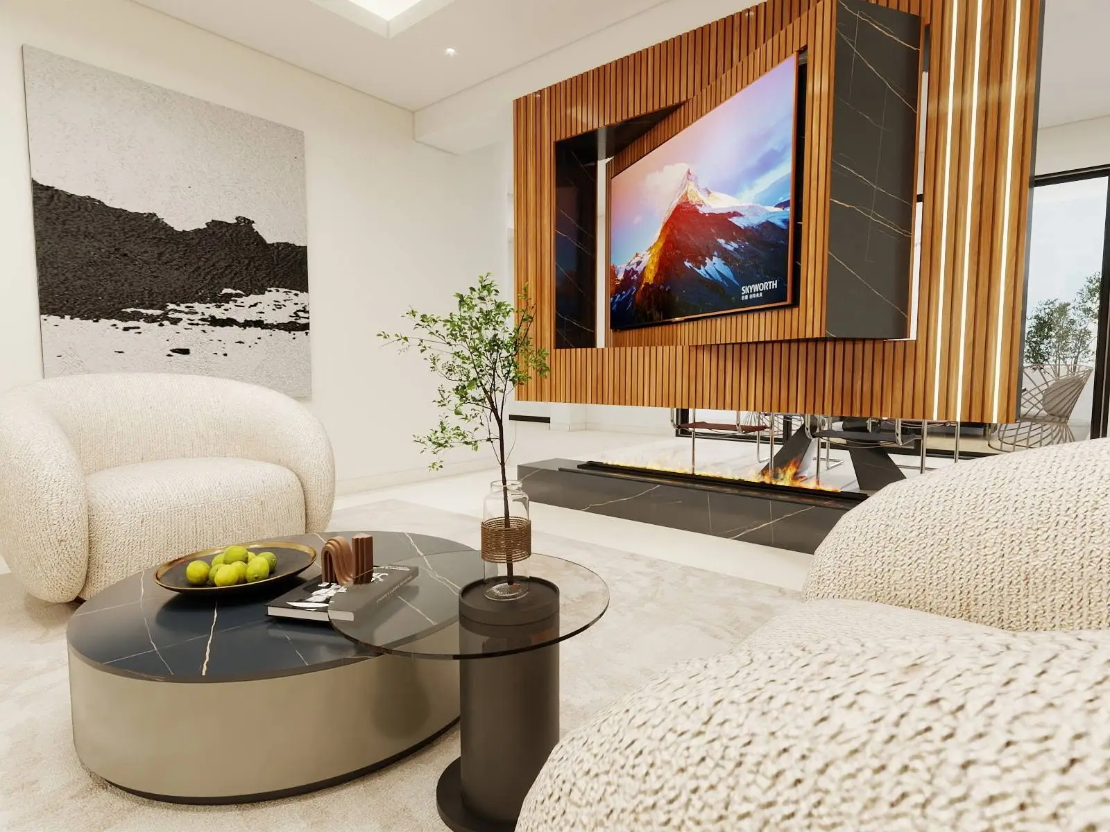 Living luxury con camino bioetanolo e parete doghe