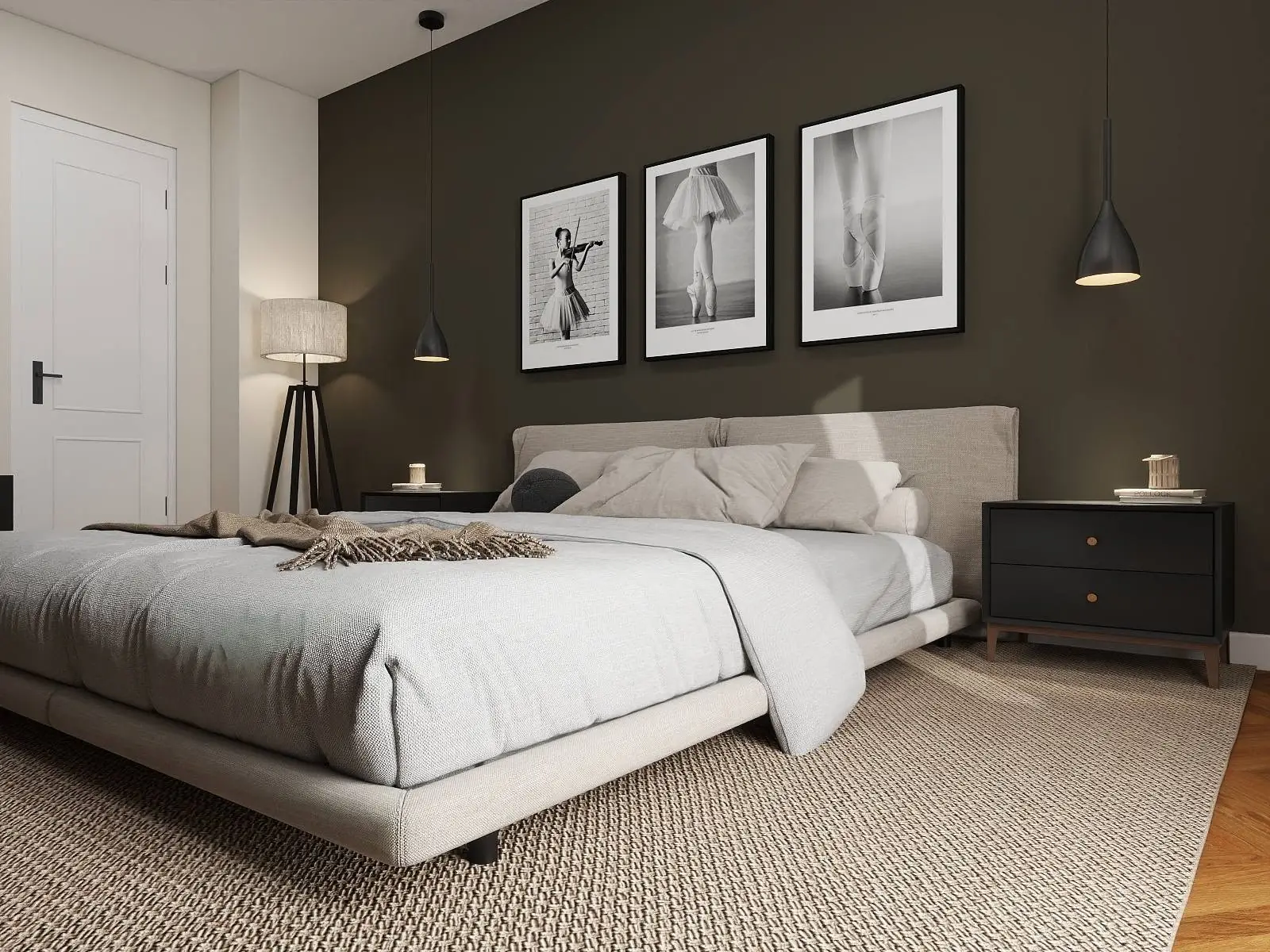 Camera da letto dark antracite con gallery wall ballerine