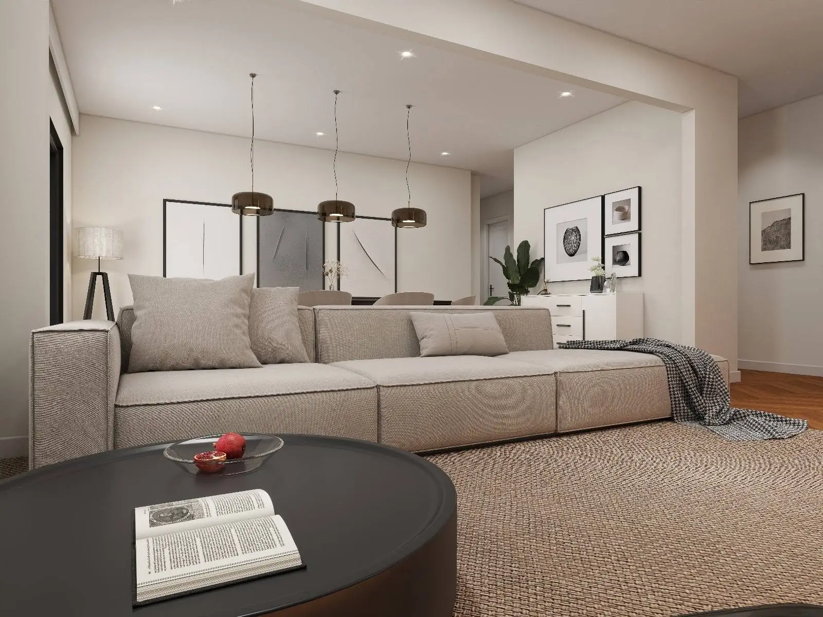 Soggiorno stile dark elegante con divano beige e lampade fumé