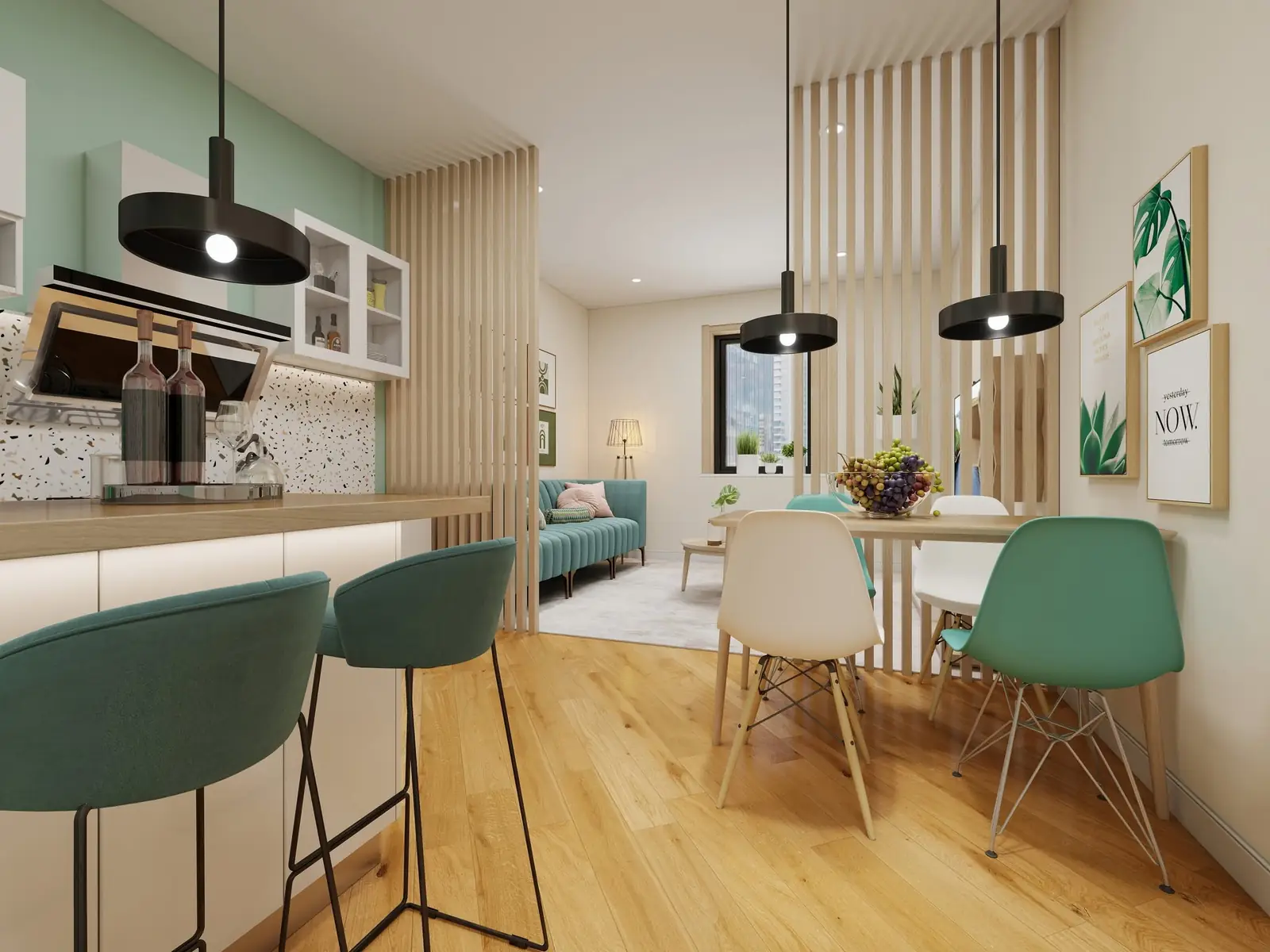 Rivestimento terrazzo su penisola cucina con doghe in legno