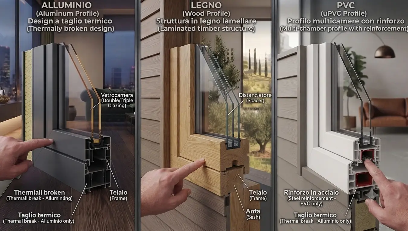 Infissi alluminio legno PVC - sezione tecnica profili