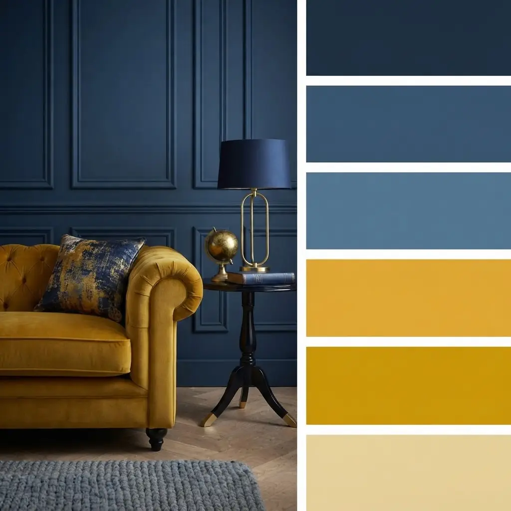 Palette colori blu navy e oro - living con divano velluto senape