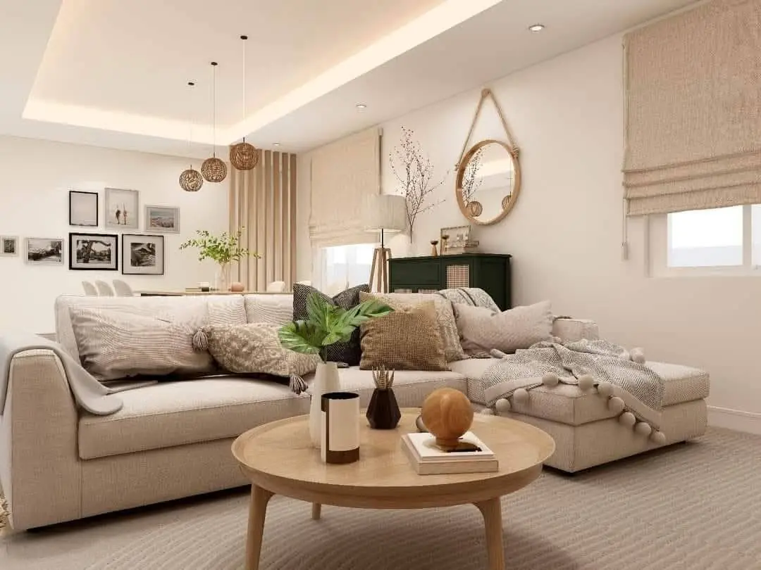 Soggiorno nordico con divano beige e lampade rattan