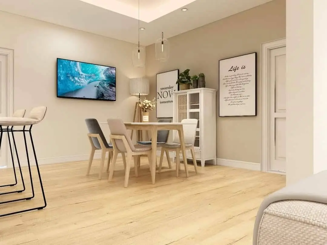 Zona pranzo con tavolo legno e credenza verde