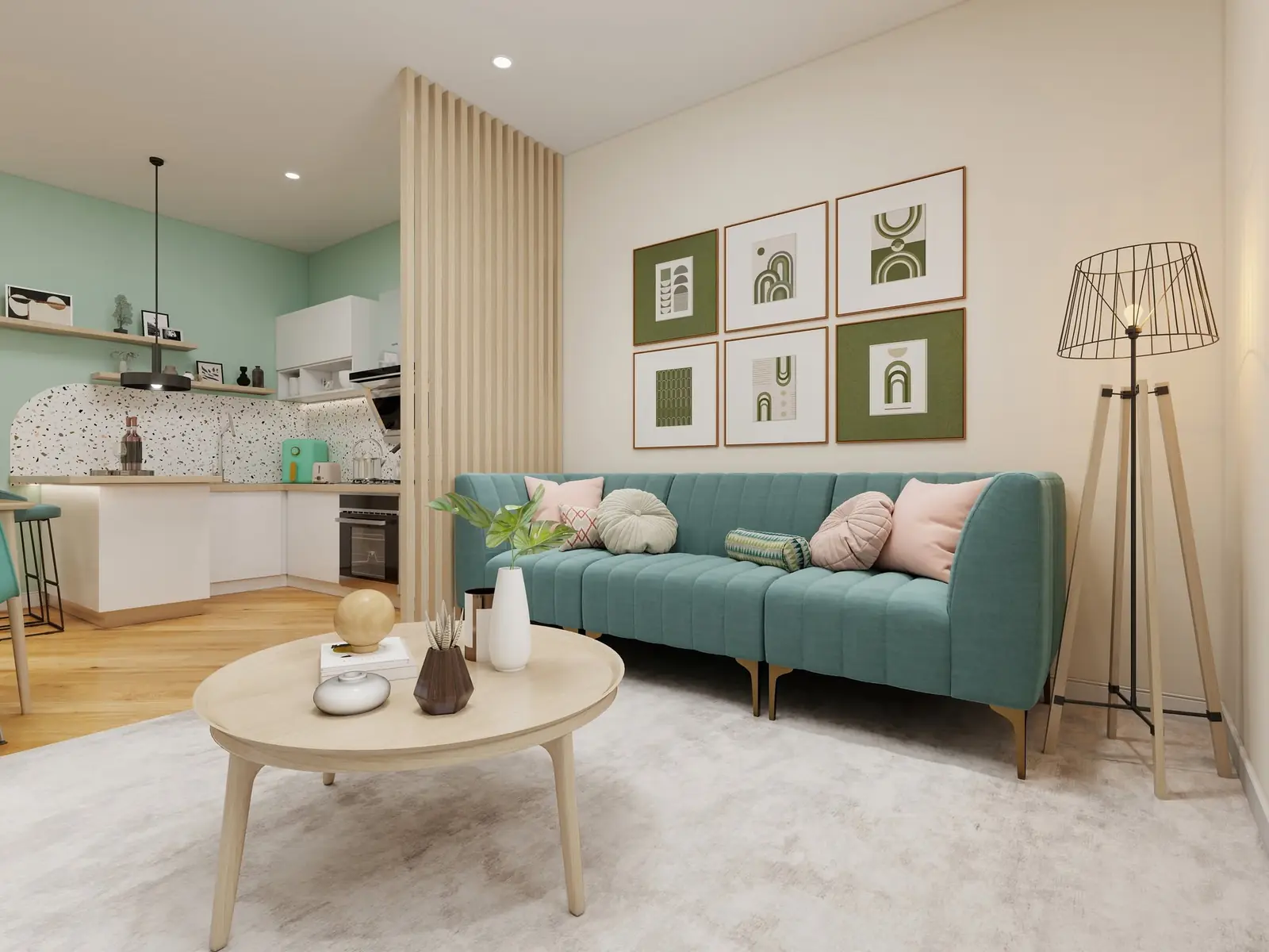 Soggiorno con divano teal e vista cucina