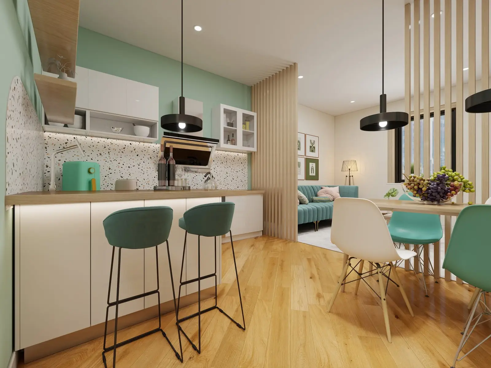 Cucina con penisola e terrazzo - vista laterale