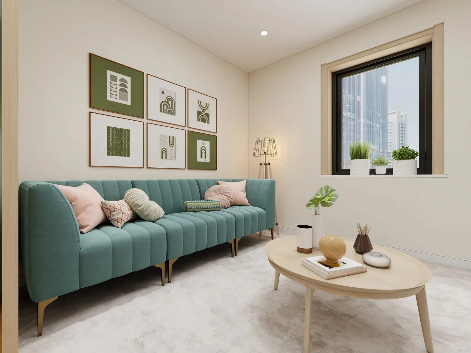 Soggiorno divano teal con gallery wall verde